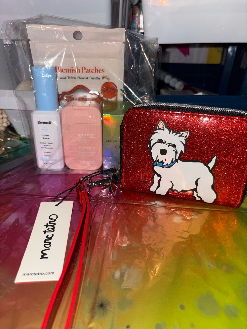 Marc Tetro Red Glitter Westie Wristlet Pouch